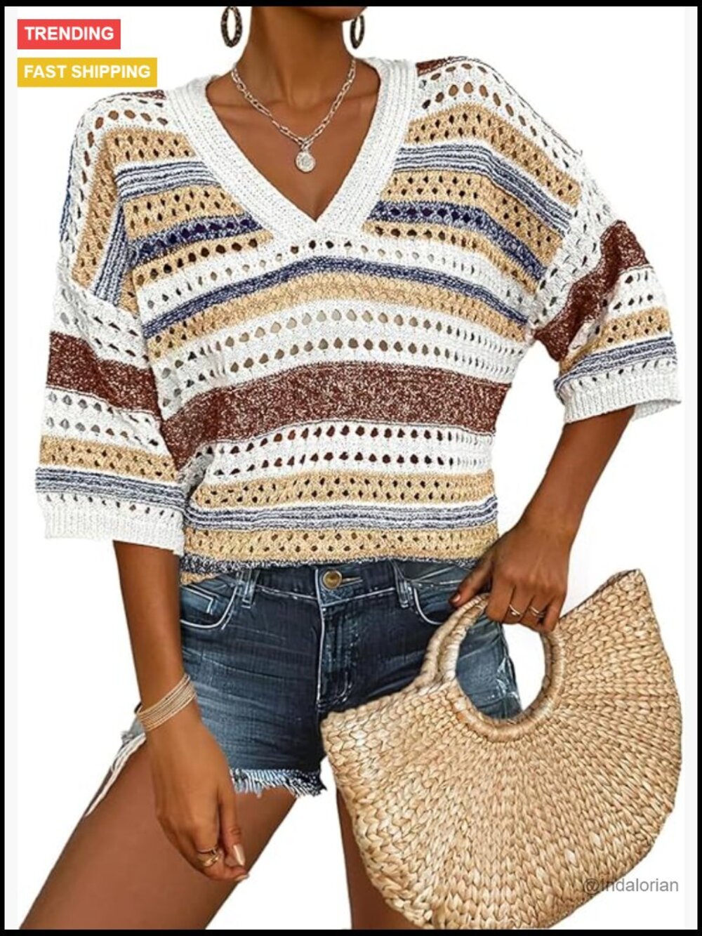 Short Sleeve V Neck Crochet Knit Striped Hollow Out Pullover Sweater